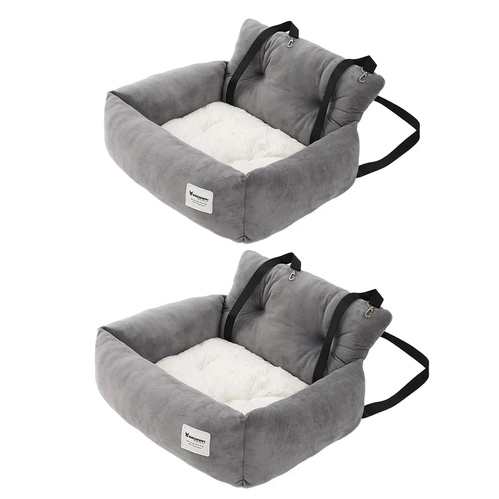 Gray pet car seat with white cushion and black carrying straps.