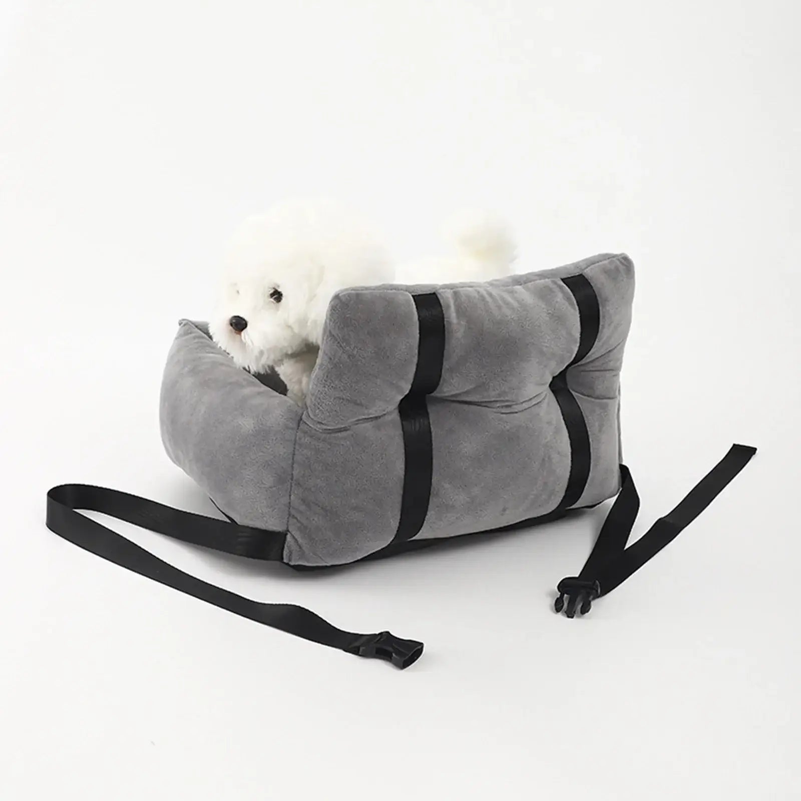 Gray soft-sided pet carrier with a small white dog peeking out.