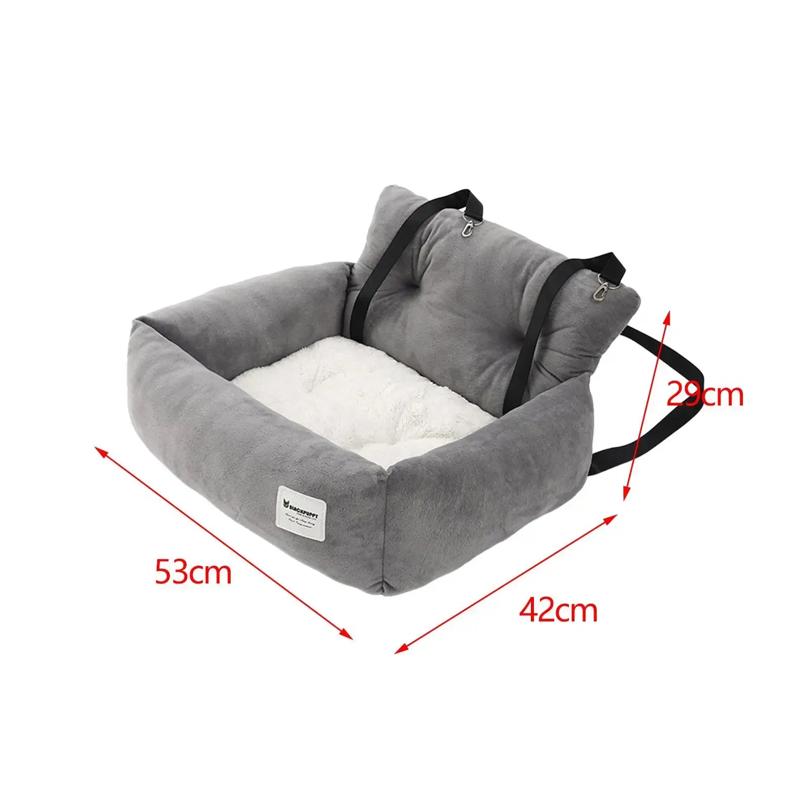 Gray and white pet bed with raised sides and carrying handles.