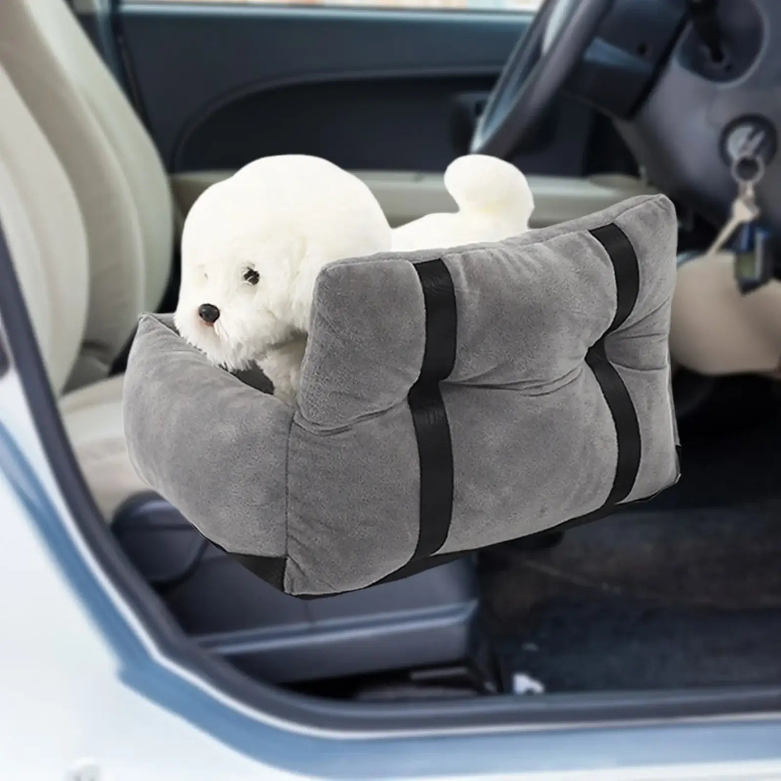 Plush dog-shaped car seat or booster for pets.