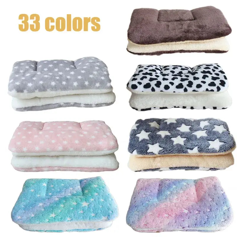 Soft, plush pet beds in various colors and patterns.