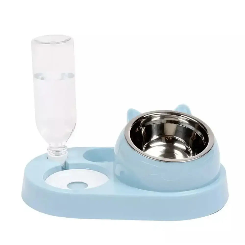 Pet feeding station with attached water bottle and stainless steel bowl on a light blue base.