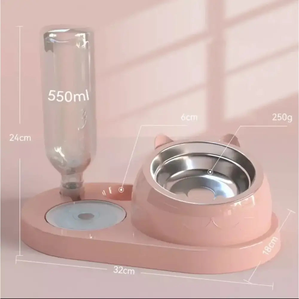 Pet feeding station with attached water bottle and food bowl in pastel pink.