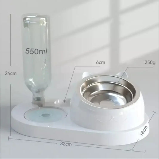 Pet water and food dispenser with attached bottle and bowl.