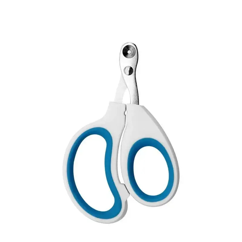 Pair of white and blue safety scissors with rounded tips.