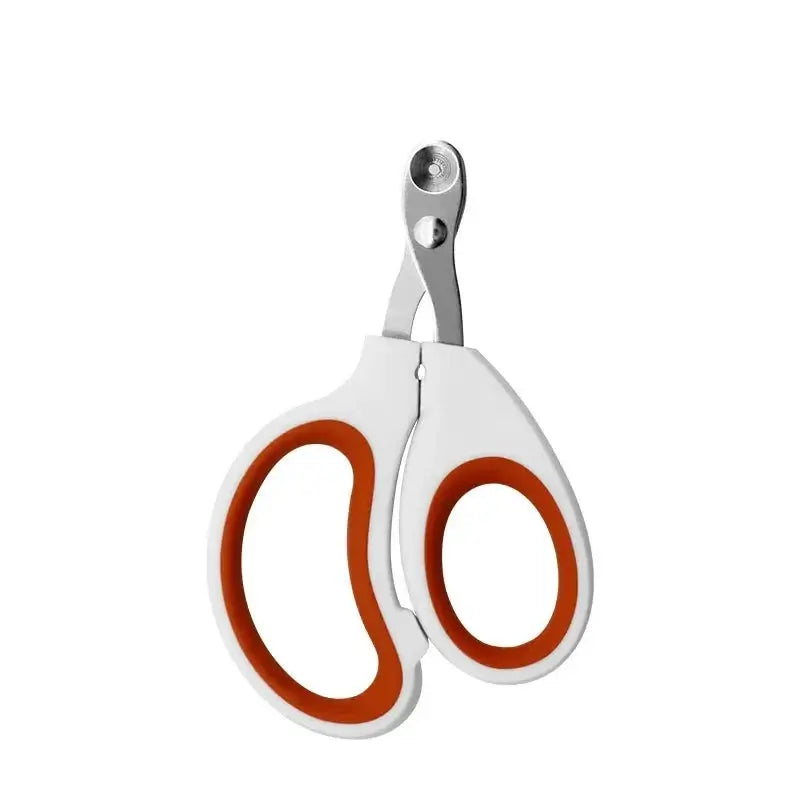 Pair of white and orange scissors with rounded handles.