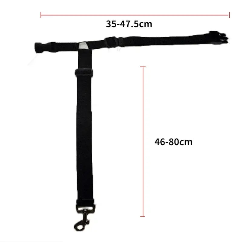 Adjustable T-shaped dog leash or harness attachment with measurements indicated.