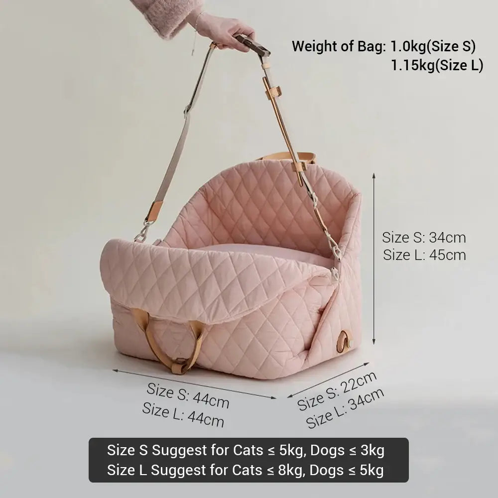 Quilted pink pet carrier with shoulder strap and handles.