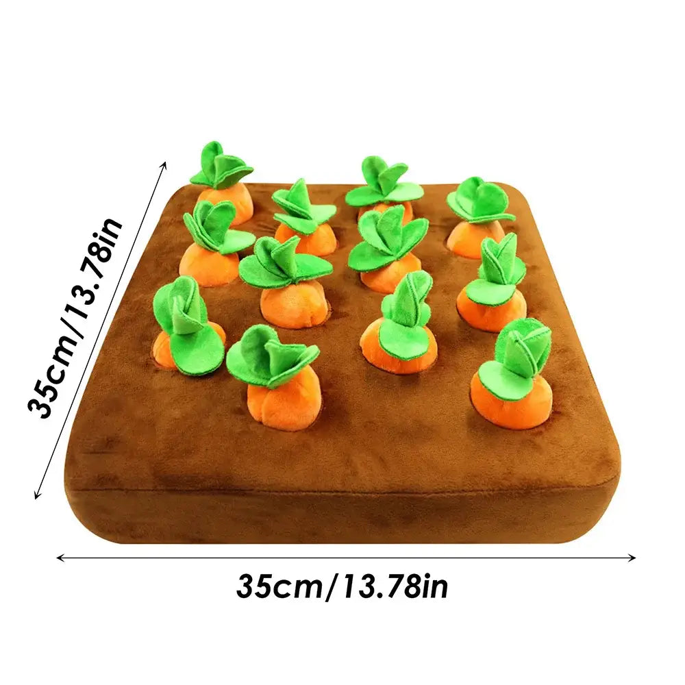 Plush toy garden patch with soft carrot-shaped toys sprouting from a brown fabric base.