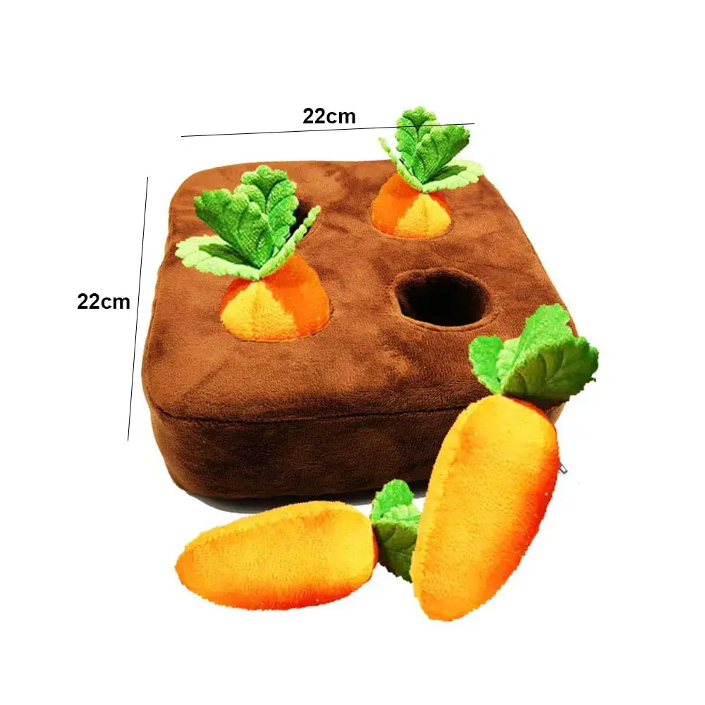 Plush toy garden patch with removable carrot-shaped toys and a planting hole.