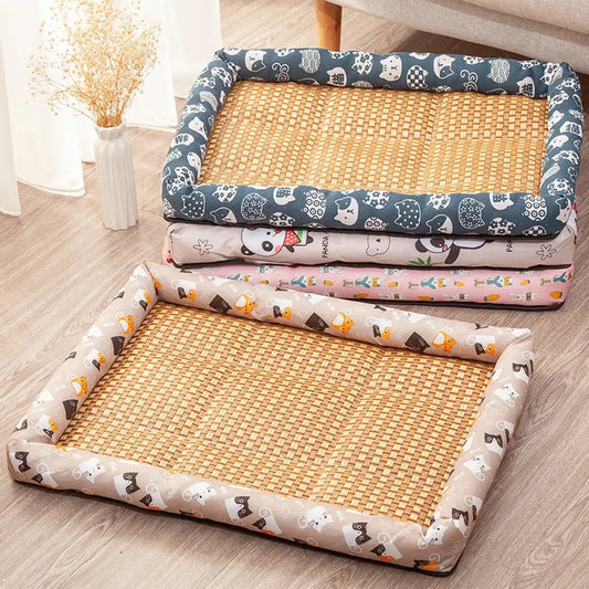 Pet beds with woven rattan centers and patterned fabric borders in various colors and designs.