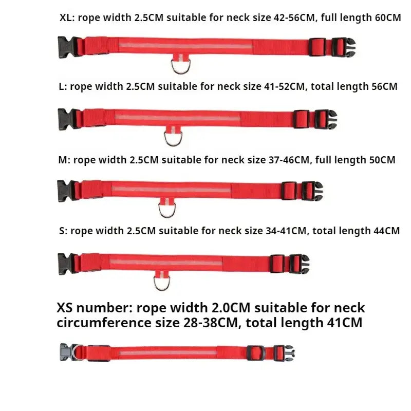 Red adjustable dog collars in various sizes.