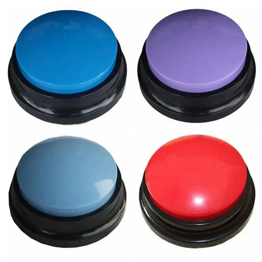 Colorful round buttons or buzzers with black bases in blue, purple, light blue, and red.