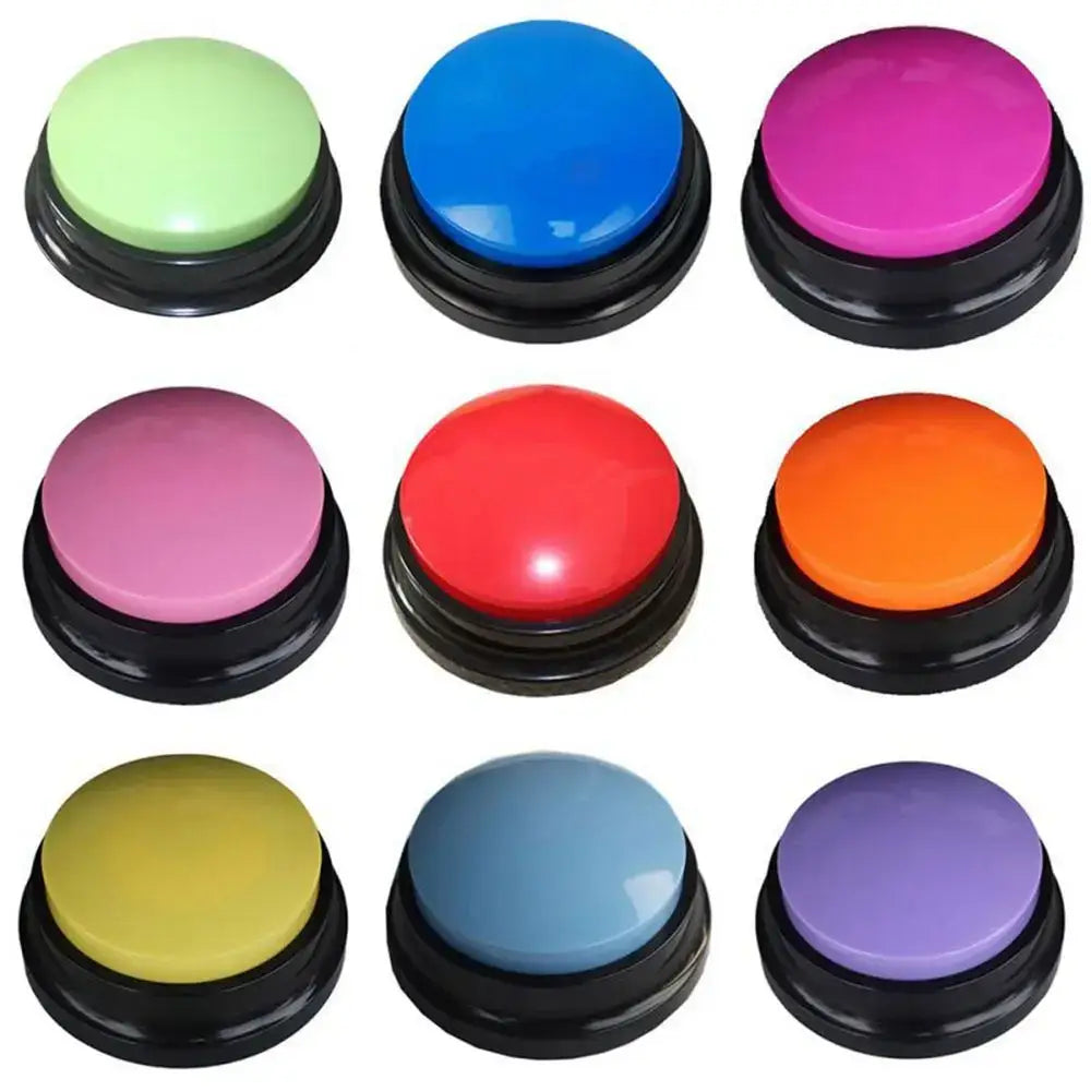 Colorful round buttons or buzzers with domed tops and black bases arranged in a 3x3 grid.
