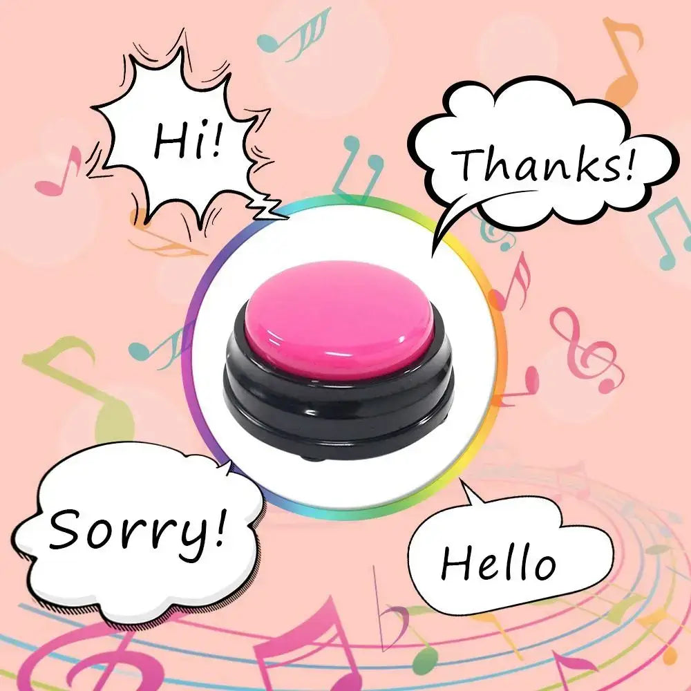 Pink button or buzzer surrounded by speech bubbles and musical notes.