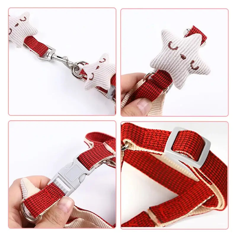 Dog harness with leash attachment in red and white colors.