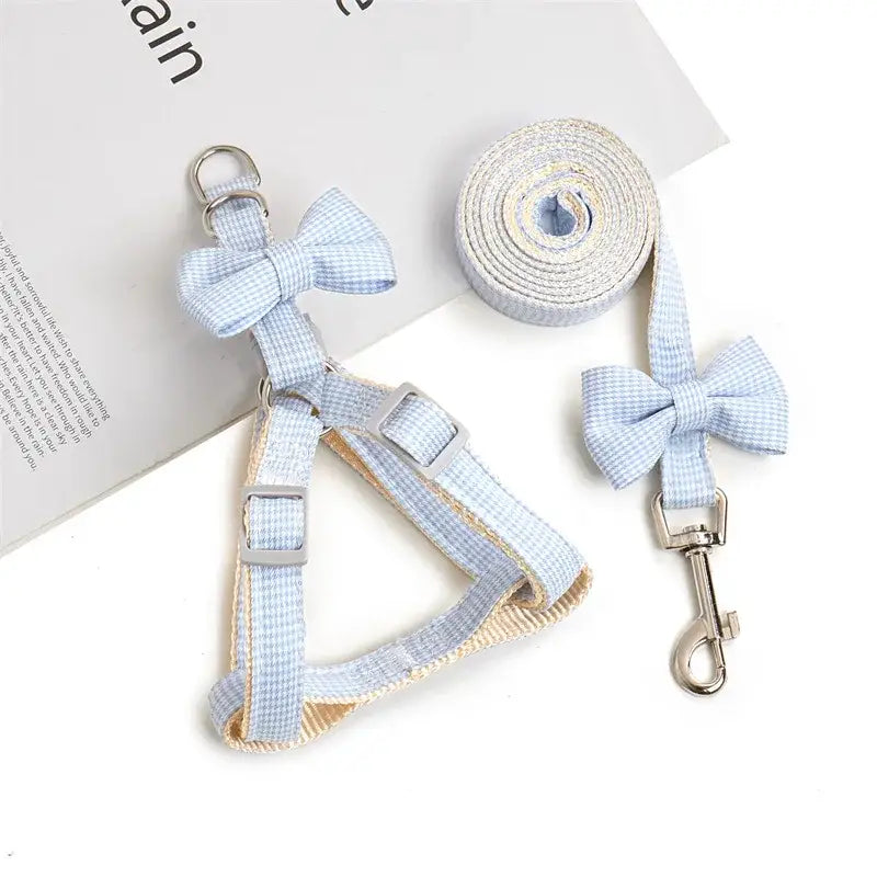 Light blue and white checkered dog harness with matching leash and bow accessories.