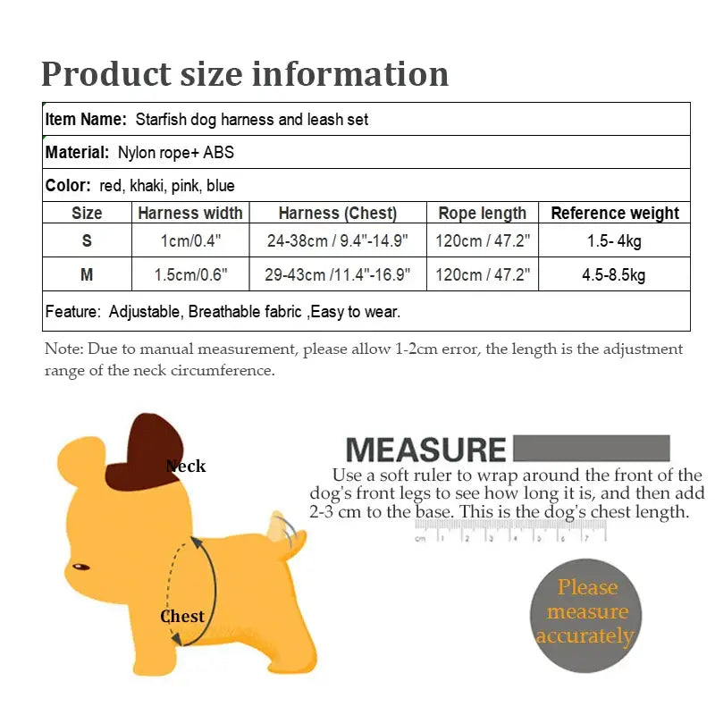 Product size information chart for a starfish dog harness and leash set, accompanied by a simple illustration showing how to measure a dog for proper fit.