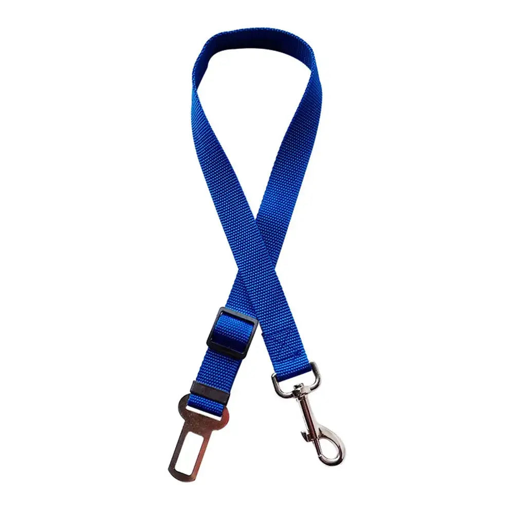 Blue nylon dog seatbelt with metal clip and buckle attachment.