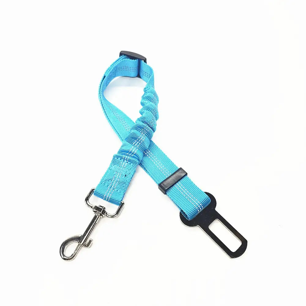 Bright blue adjustable dog seatbelt with a metal clip attachment.