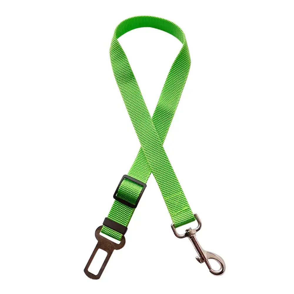 Bright green adjustable dog seatbelt with metal clip and buckle.