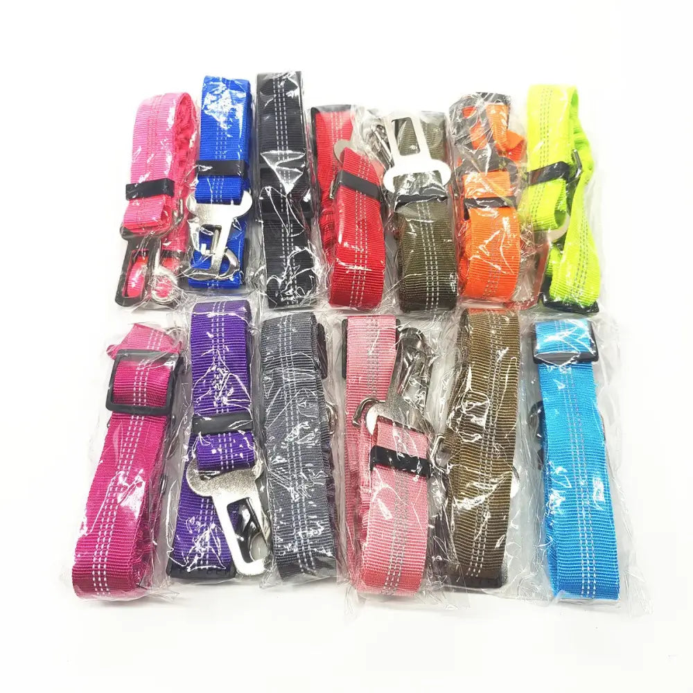 Collection of colorful dog collars in various styles and patterns, packaged individually in plastic bags.