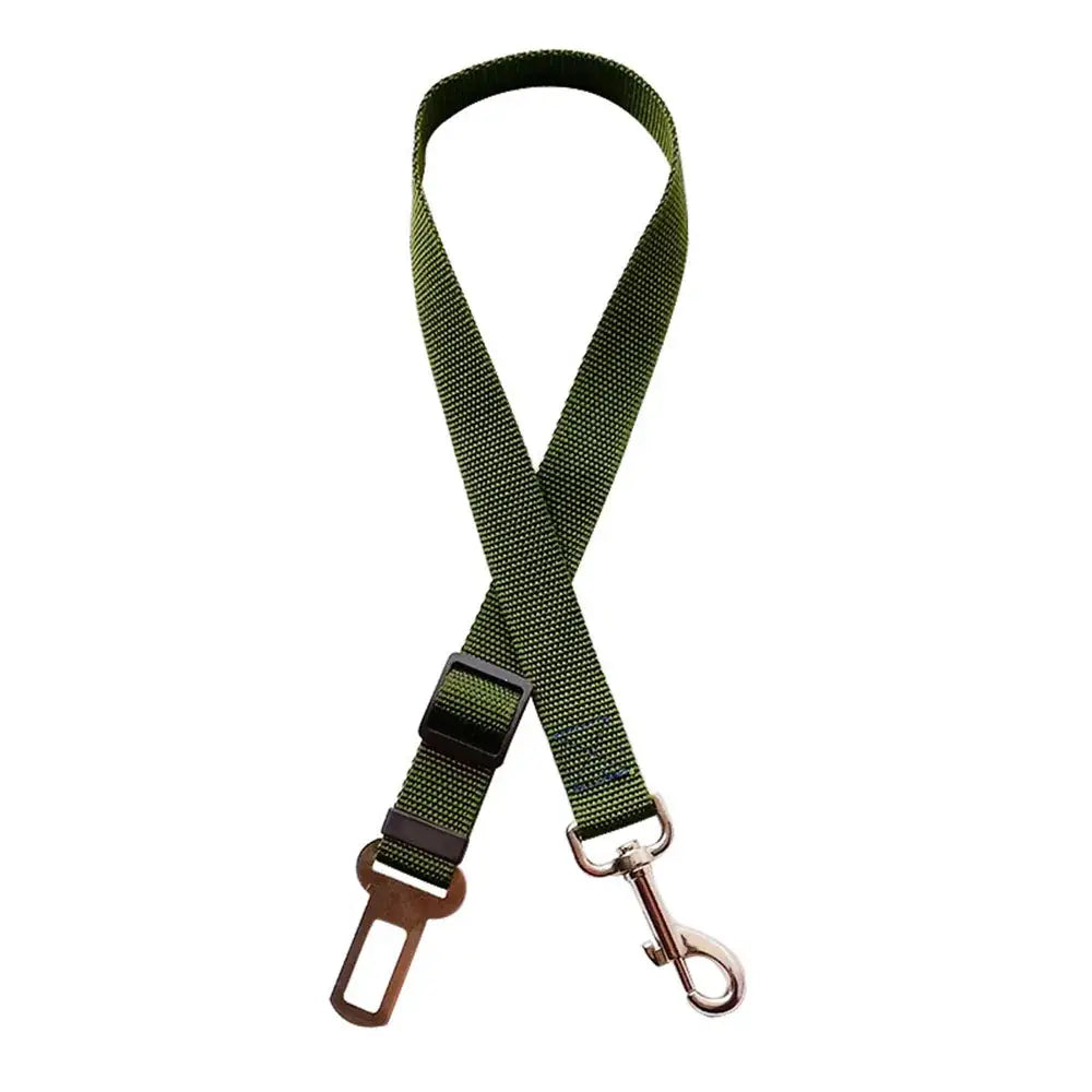 Olive green adjustable dog seatbelt with metal clip and buckle attachments.