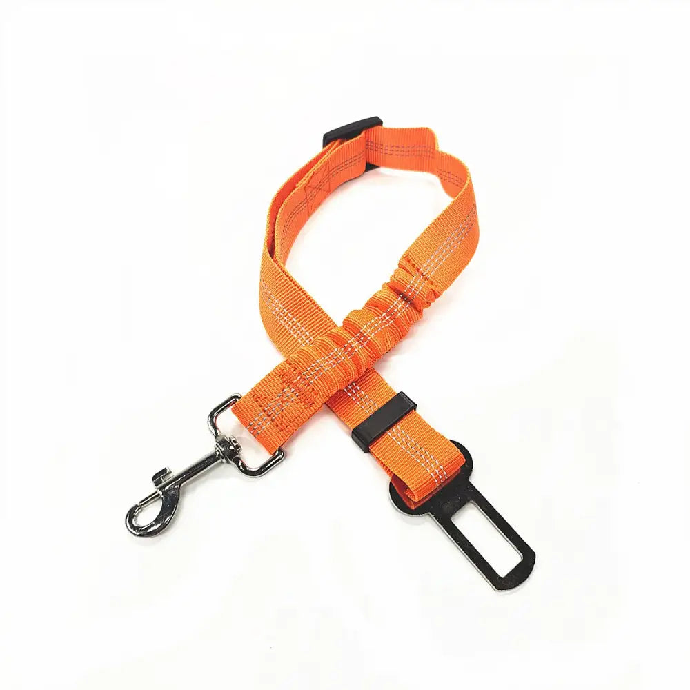 Orange adjustable dog seatbelt with metal clip attachment.