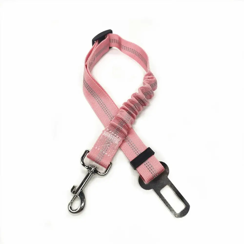 Pink dog seatbelt with adjustable strap and metal clip.