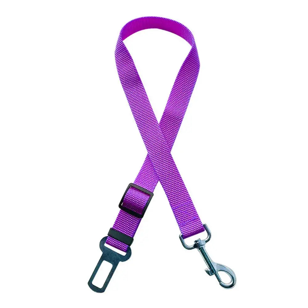 Purple fabric dog seatbelt with metal clip and buckle.