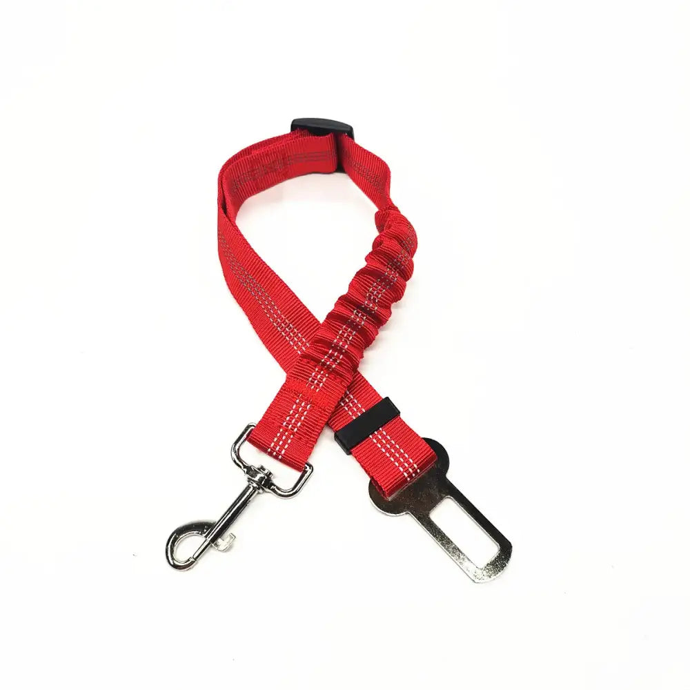 Red dog seatbelt with metal clip attachments.