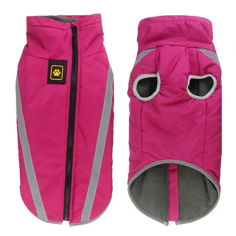 Bright pink dog coat with reflective strips and a paw print logo.