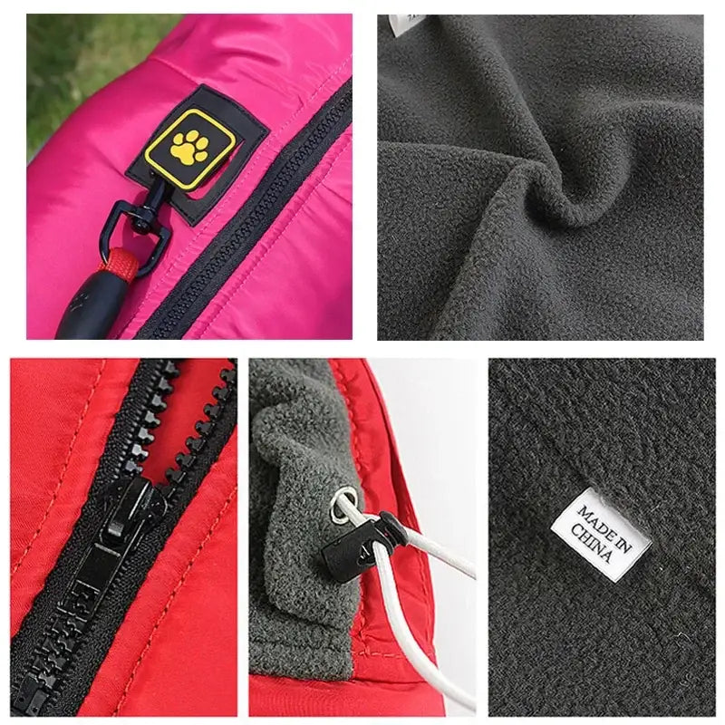 Collage of close-up photos showing details of outdoor gear fabrics and zippers.