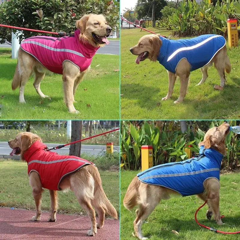 Dog coats or jackets in various bright colors worn by golden retrievers.