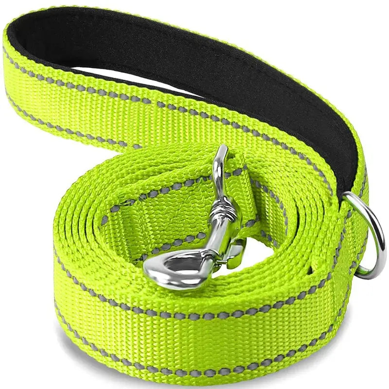 Bright neon yellow dog leash with reflective stitching and metal hardware.