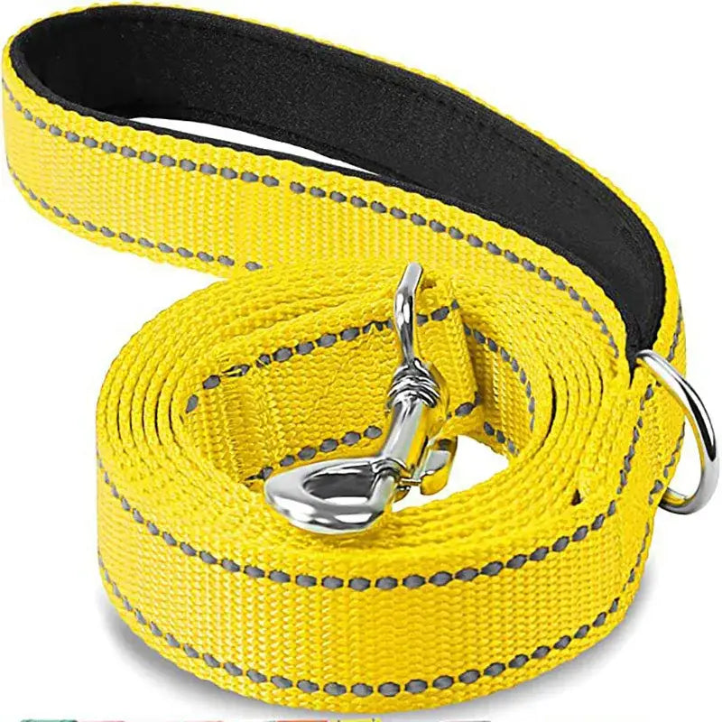 Bright yellow dog leash with reflective stitching and metal hardware.