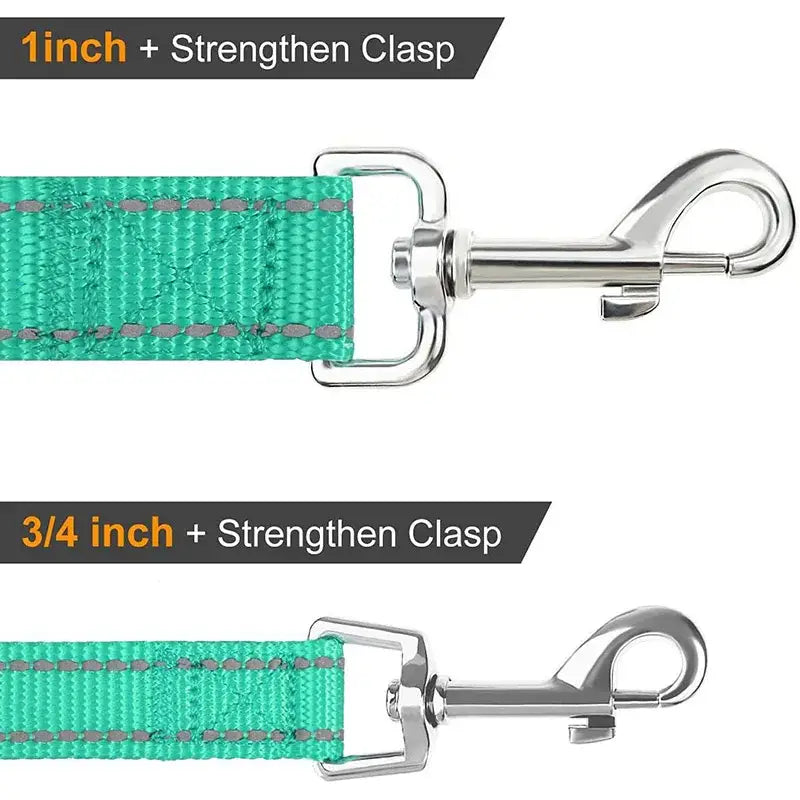 Metal clasps attached to bright green nylon webbing straps in two different widths.