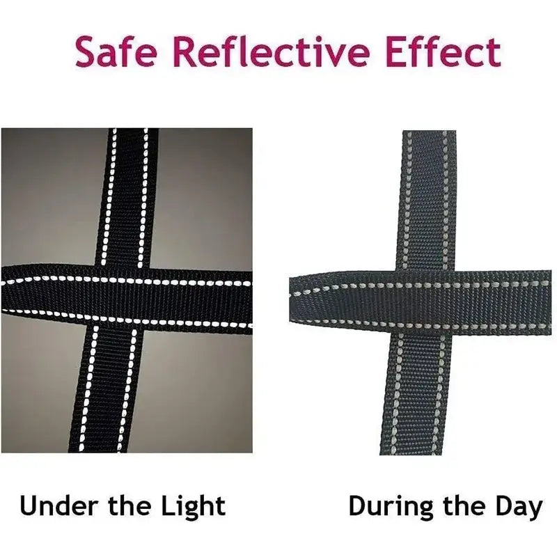 Reflective safety straps or belts shown in light and dark conditions.