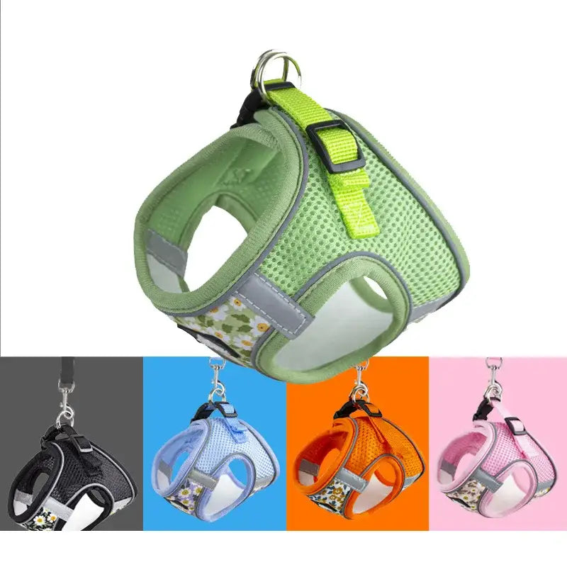 Bright green mesh dog harness with adjustable straps and reflective patches.