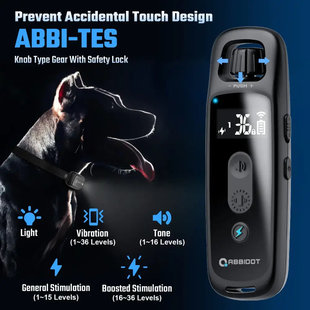 Dog training device with digital display, offering various stimulation modes and safety features.