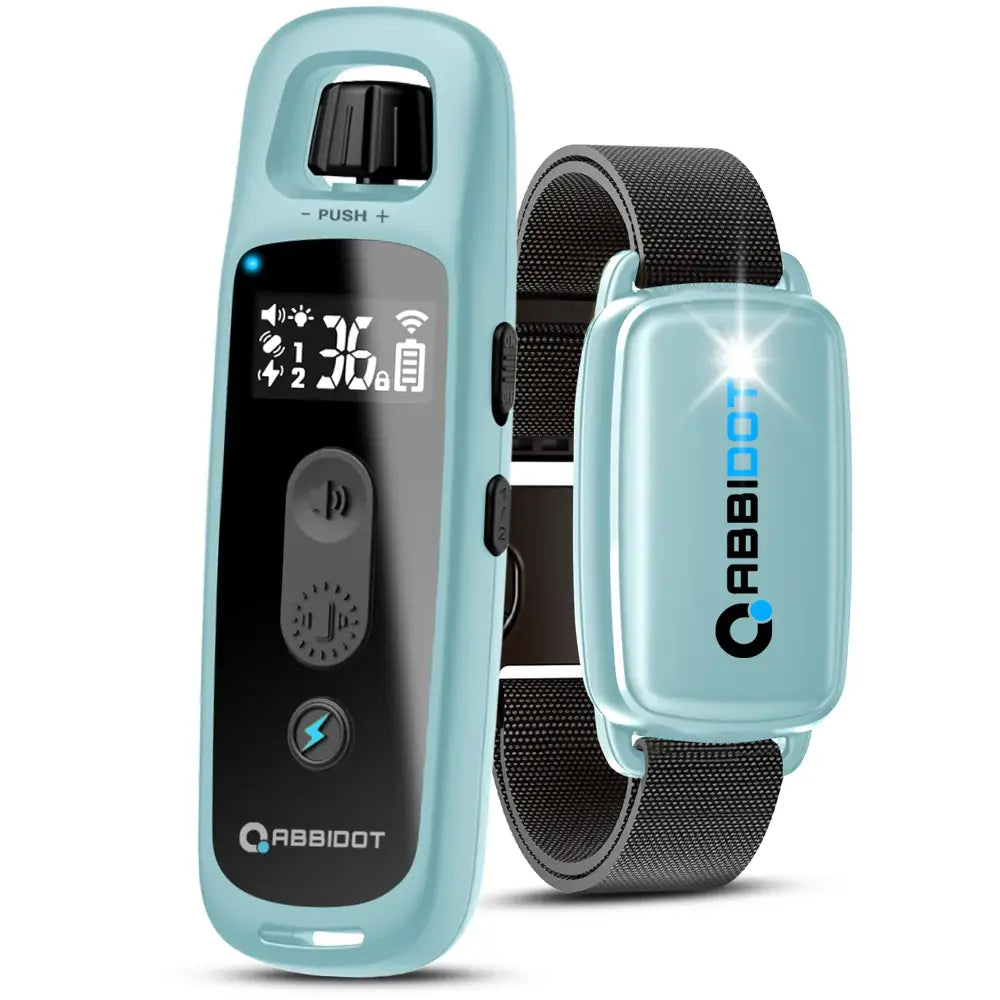 Teal-colored electronic fitness tracker with a digital display and accompanying wristband.