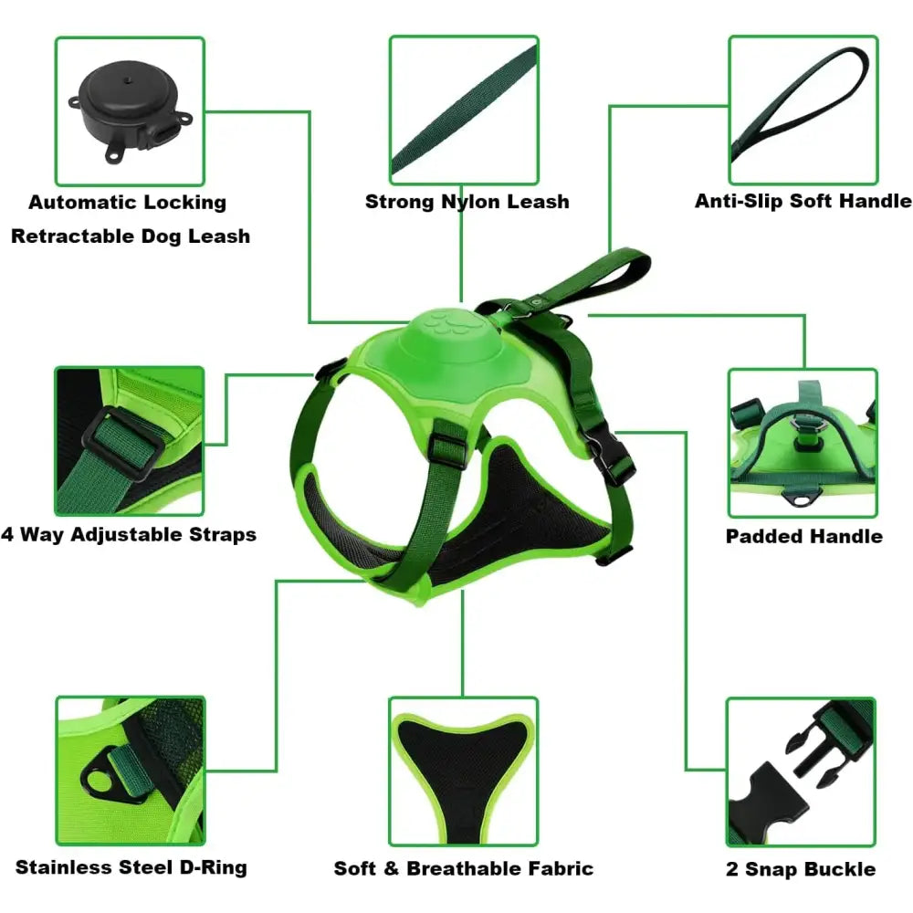 Bright green dog harness with labeled features and accompanying leash components.