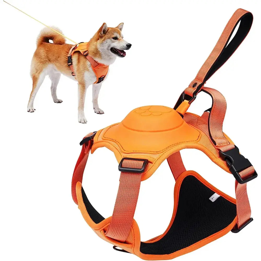 Orange and black dog harness with adjustable straps and a handle.