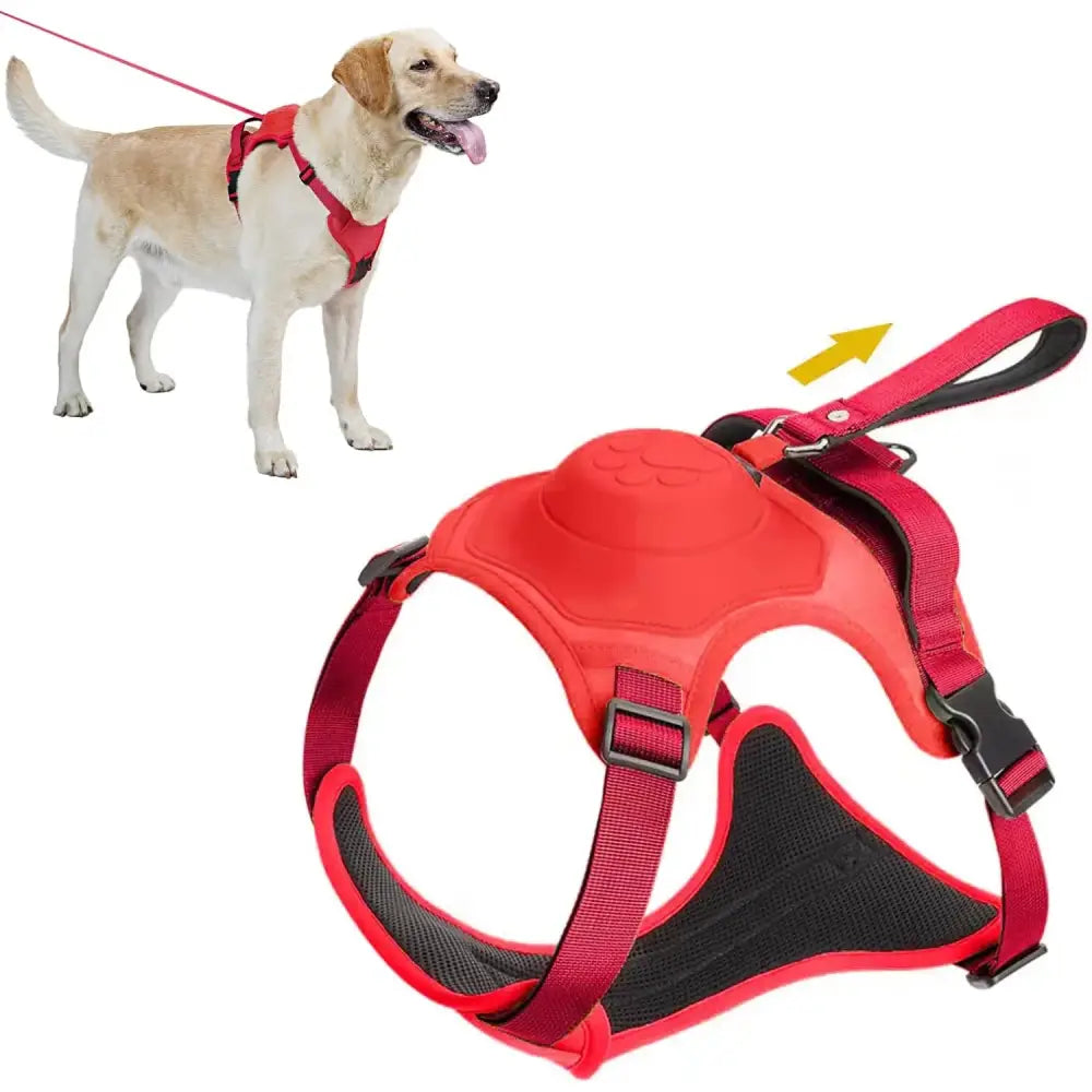 Red dog harness with adjustable straps and a handle on top.