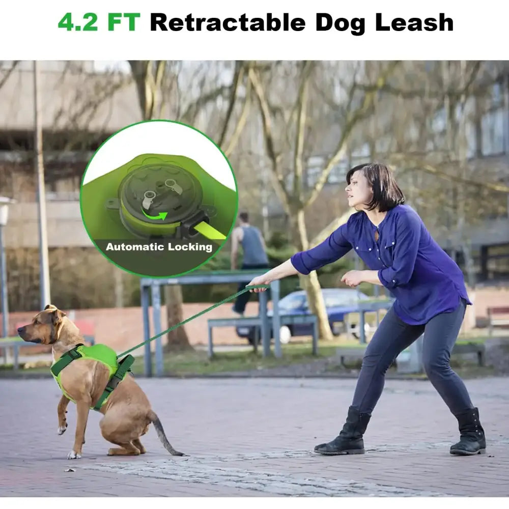 Retractable dog leash with automatic locking feature, extending to 4.2 feet.