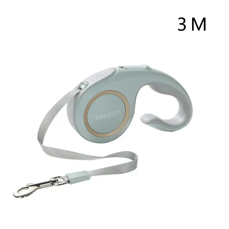 Retractable dog leash with a light blue handle and gray strap.