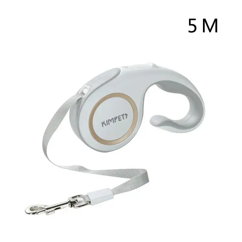 Retractable dog leash with a white plastic handle and strap.