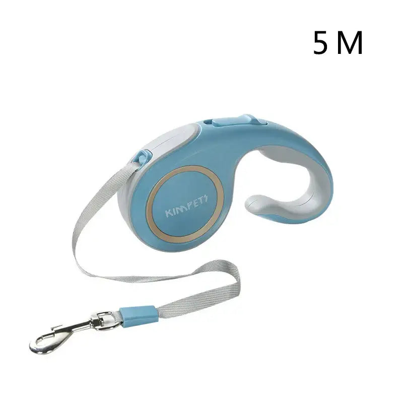 Retractable dog leash in light blue and white with a metal clip.