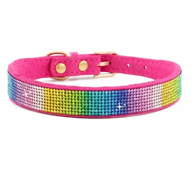 Colorful rainbow rhinestone-studded dog collar with a pink leather base.