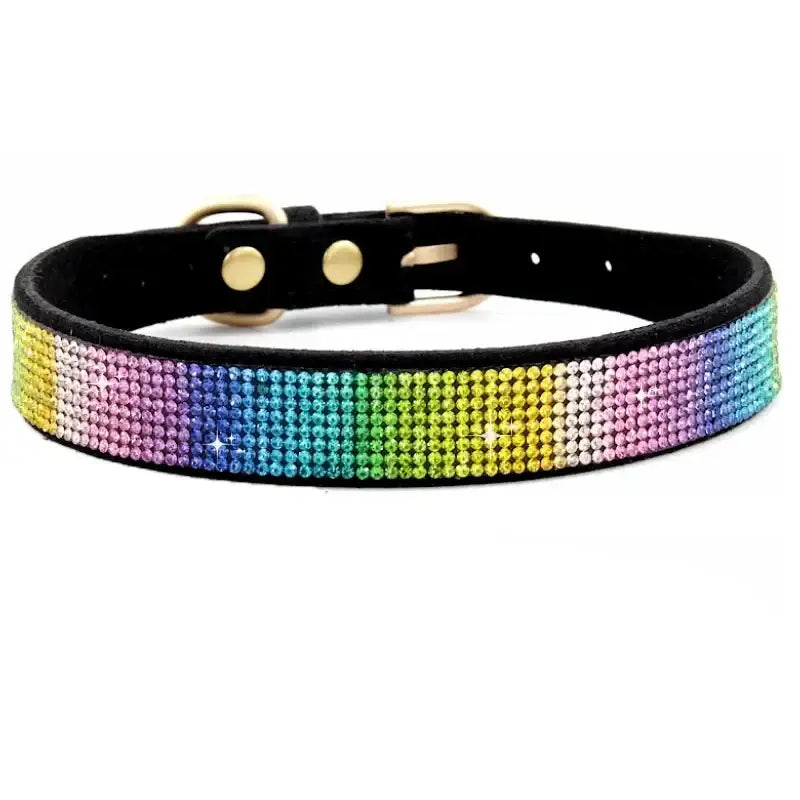 Colorful rhinestone-studded dog collar with a rainbow gradient pattern.